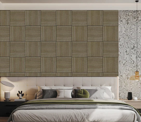Pack of x12 Dark Oak 60x60cm Acoustic Square 3D Slatted Wood Wall Panel Box
