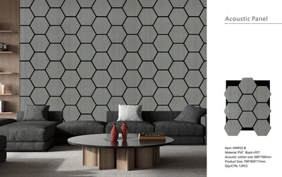 Acoustic Light Grey Hexagon Media Wall Panels Pack Of x12 70cm x 60cm