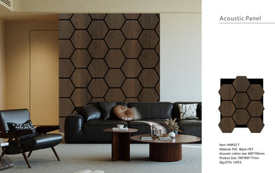 Acoustic Walnut Hexagon Wall Panels Pack Of x12 60cm x 70cm