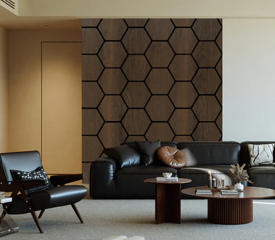 Acoustic Walnut Hexagon Wall Panels Pack Of x12 60cm x 70cm