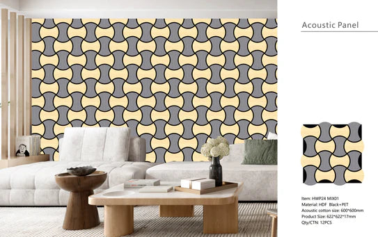 Acoustic Oak/Grey Wave Hexagon Media Wall Panels Pack Of x12 60cm x 60cm