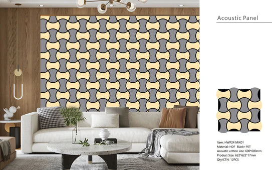 Acoustic Oak/Grey Wave Hexagon Media Wall Panels Pack Of x12 60cm x 60cm