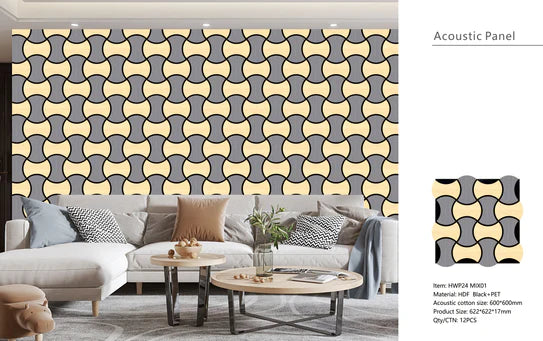 Acoustic Oak/Grey Wave Hexagon Media Wall Panels Pack Of x12 60cm x 60cm