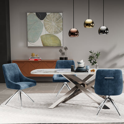 Lennox 180cm Dining Table White/Gold Ceramic Marble Top With Swivel Velvet Chrome Leg Dining Chairs