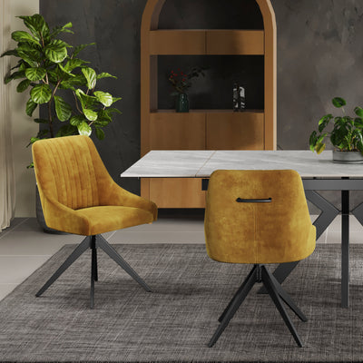 Nova 160-240cm White Ceramic Marble Side Extending Dining Table With Swivel Velvet Dining Chairs