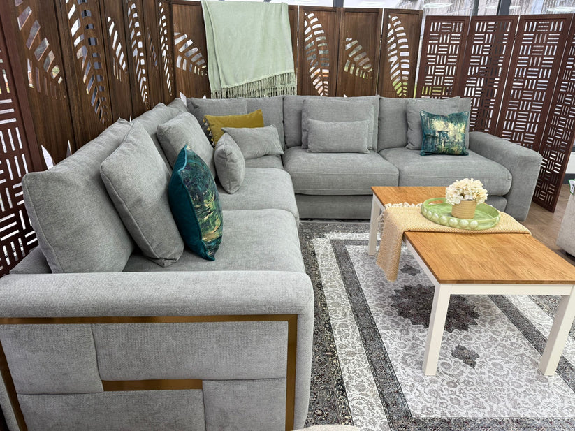 Berlin Sofa Grey Velvet Gold Trim Corner Sofa