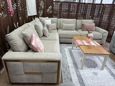 Berlin Sofa Beige Velvet Gold Trim Corner Sofa