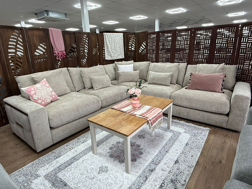 Berlin Sofa Beige Velvet Gold Trim Corner Sofa