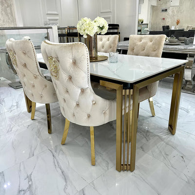 Sorrento 150cm Gold Dining Table with White Ceramic Marble Top + Cream/Gold Lion Knocker Velvet Chairs