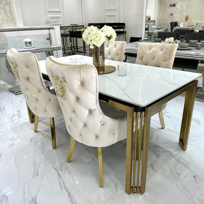 Sorrento 150cm Gold Dining Table with White Ceramic Marble Top + Cream/Gold Lion Knocker Velvet Chairs