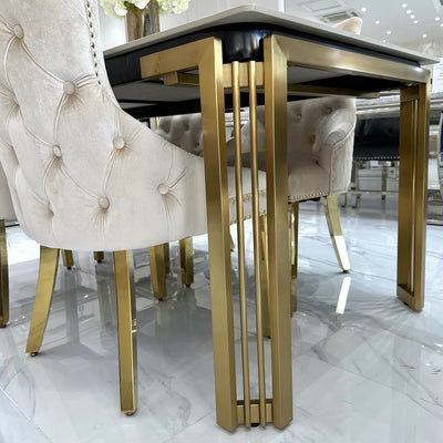 Sorrento 180cm Gold Dining Table with White Ceramic Marble Top + Cream/Gold Lion Knocker Velvet Chairs