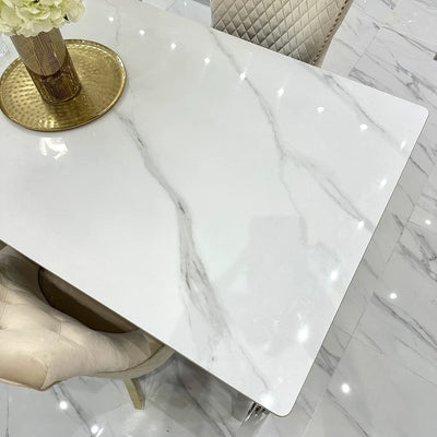 Sorrento 150cm Gold Dining Table with White Ceramic Marble Top + Cream/Gold Lion Knocker Velvet Chairs
