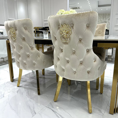 Sorrento 180cm Gold Dining Table with White Ceramic Marble Top + Cream/Gold Lion Knocker Velvet Chairs