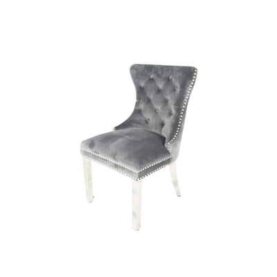 Como 130cm Grey Marble Round Dining Table + Lion Knocker Velvet Chairs