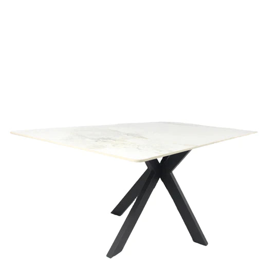 Phoenix 180cm White Ceramic Marble Dining Table With Grey Velvet Black Ring Chairs