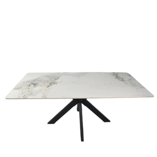 Phoenix 180cm White Ceramic Marble Dining Table With Grey Velvet Black Ring Chairs