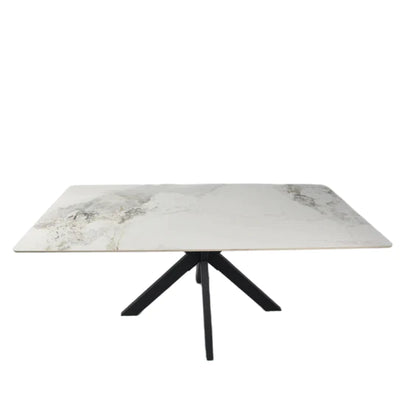Phoenix 180cm White Ceramic Marble Dining Table With Grey Velvet Black Ring Chairs