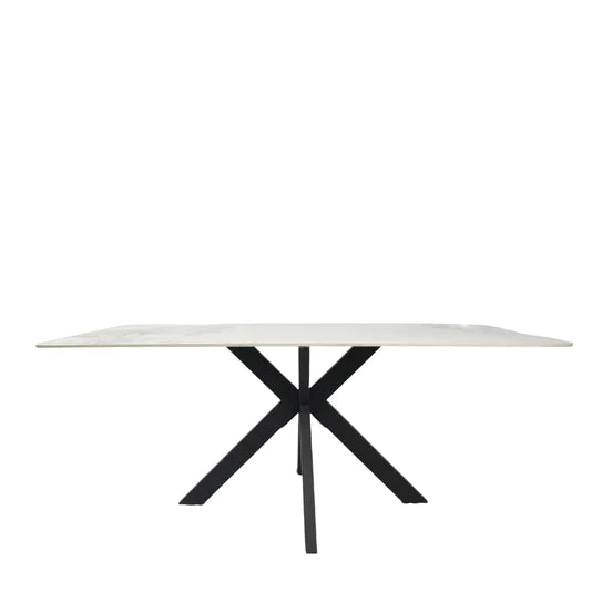 Phoenix 180cm White Ceramic Marble Dining Table With Grey Velvet Black Ring Chairs