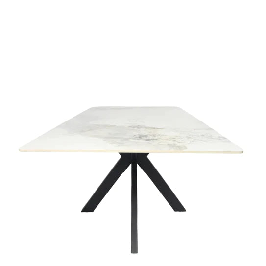 Phoenix 180cm White Ceramic Marble Dining Table With Grey Velvet Black Ring Chairs
