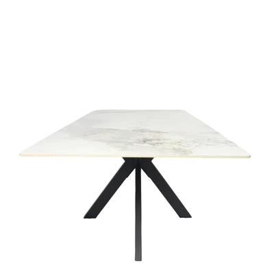 Phoenix 180cm White Ceramic Marble Dining Table With Grey Velvet Black Ring Chairs