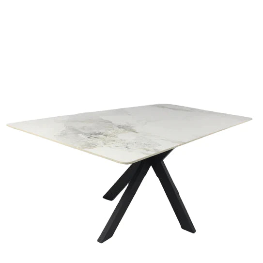 Phoenix 180cm White Ceramic Marble Dining Table With Grey Velvet Black Ring Chairs