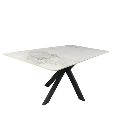 Phoenix 180cm White Ceramic Marble Dining Table With Grey Velvet Black Ring Chairs
