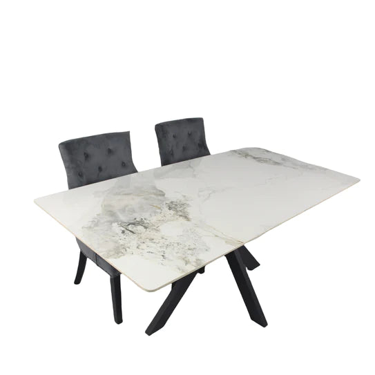 Phoenix 180cm White Ceramic Marble Dining Table With Grey Velvet Black Ring Chairs