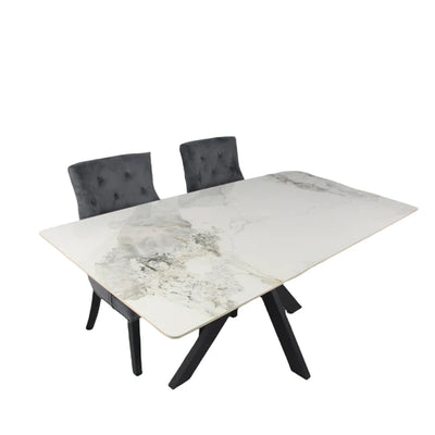 Phoenix 180cm White Ceramic Marble Dining Table With Grey Velvet Black Ring Chairs