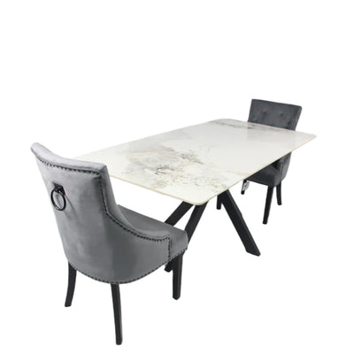 Phoenix 180cm White Ceramic Marble Dining Table With Grey Velvet Black Ring Chairs