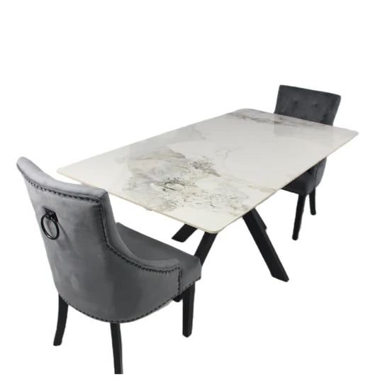 Phoenix 180cm White Ceramic Marble Dining Table With Grey Velvet Black Ring Chairs