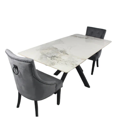 Phoenix 180cm White Ceramic Marble Dining Table With Grey Velvet Black Ring Chairs