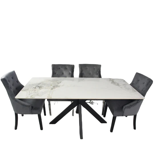 Phoenix 180cm White Ceramic Marble Dining Table With Grey Velvet Black Ring Chairs