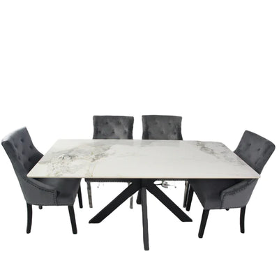 Phoenix 180cm White Ceramic Marble Dining Table With Grey Velvet Black Ring Chairs