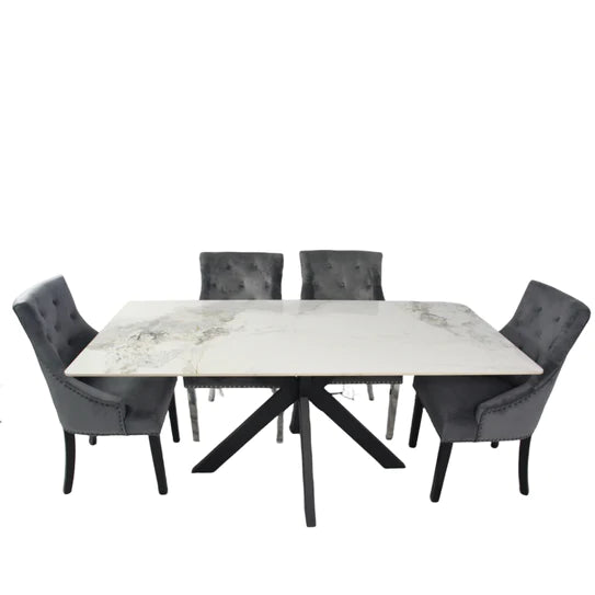Phoenix 180cm White Ceramic Marble Dining Table With Grey Velvet Black Ring Chairs