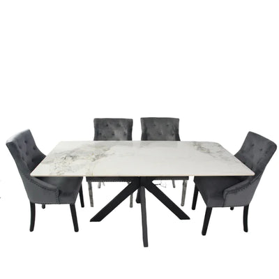 Phoenix 180cm White Ceramic Marble Dining Table With Grey Velvet Black Ring Chairs