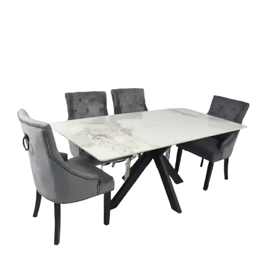 Phoenix 180cm White Ceramic Marble Dining Table With Grey Velvet Black Ring Chairs