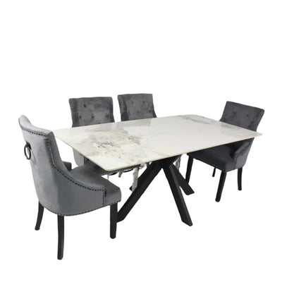 Phoenix 180cm White Ceramic Marble Dining Table With Grey Velvet Black Ring Chairs