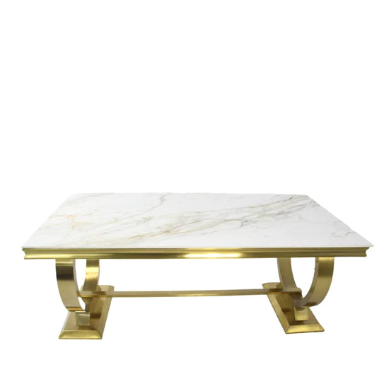 Arianna Marble & Gold Dining Table With Lucy Slim Quilted Gold Ring Knocker Velvet Chairs