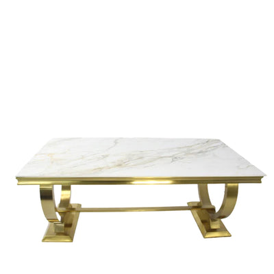 Arianna Marble & Gold Dining Table With Lucy Slim Quilted Gold Ring Knocker Velvet Chairs