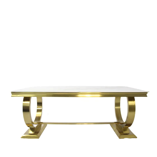 Arianna Marble & Gold Dining Table With Lucy Slim Quilted Gold Ring Knocker Velvet Chairs