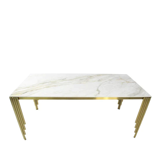 Mayfair 180CM Gold Marble Dining Table With Gold Lion Knocker Quilted Dining Chairs