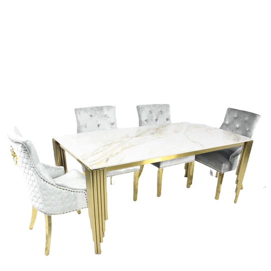 Mayfair 180CM Gold Marble Dining Table With Gold Lion Knocker Quilted Dining Chairs