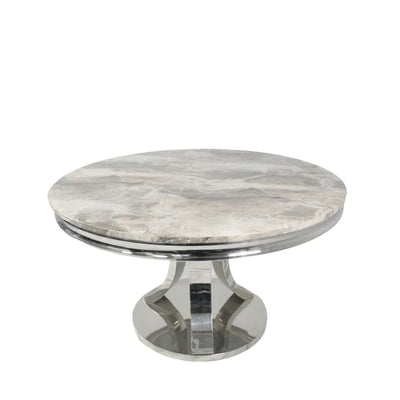 Arial 130cm Marble Round Dining Table With Shimmer Chrome Ring Knocker Chairs