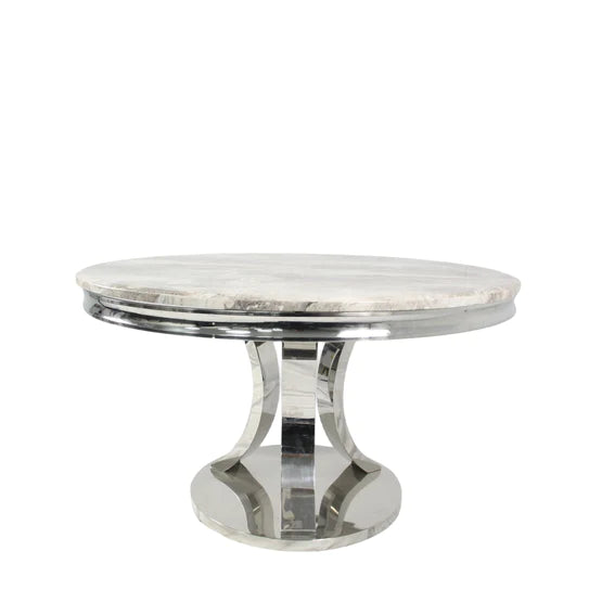 Arial 130cm Marble Round Dining Table With Shimmer Chrome Ring Knocker Chairs