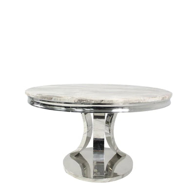 Arial 130cm Marble Round Dining Table With Shimmer Chrome Ring Knocker Chairs