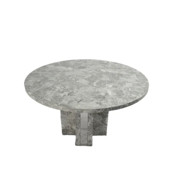 Como 130cm Grey Marble Round Dining Table + Lion Knocker Velvet Chairs