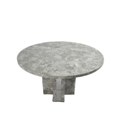 Como 130cm Grey Marble Round Dining Table + Lion Knocker Velvet Chairs