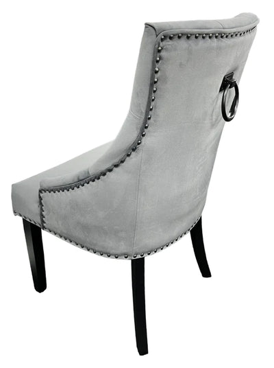 Phoenix 180cm White Ceramic Marble Dining Table With Grey Velvet Black Ring Chairs