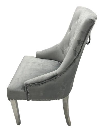 Louis Marble & Chrome Dining Table With Grey Ring Knocker Velvet Chairs & Bench