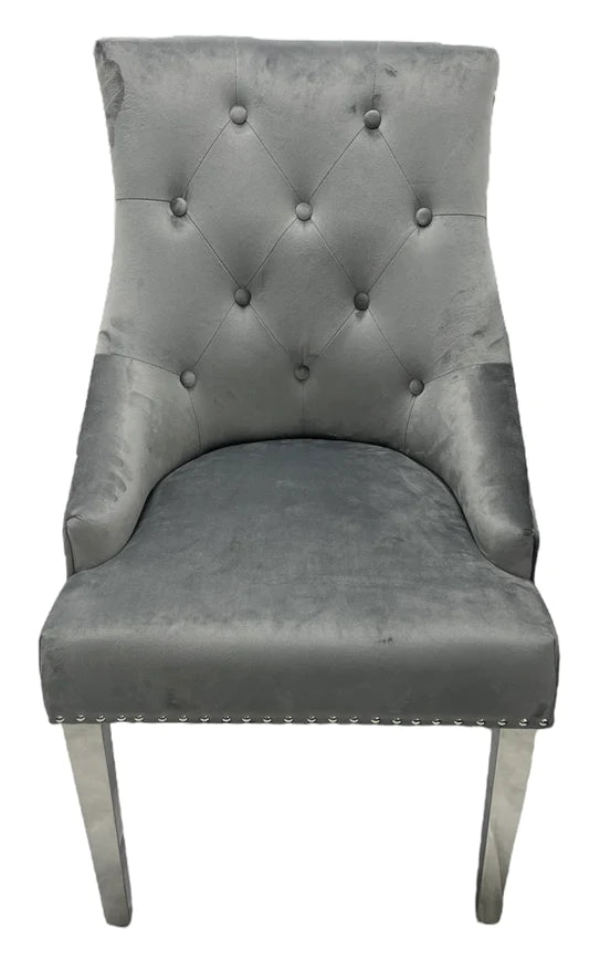 Louis Marble & Chrome Dining Table With Grey Ring Knocker Velvet Chairs & Bench